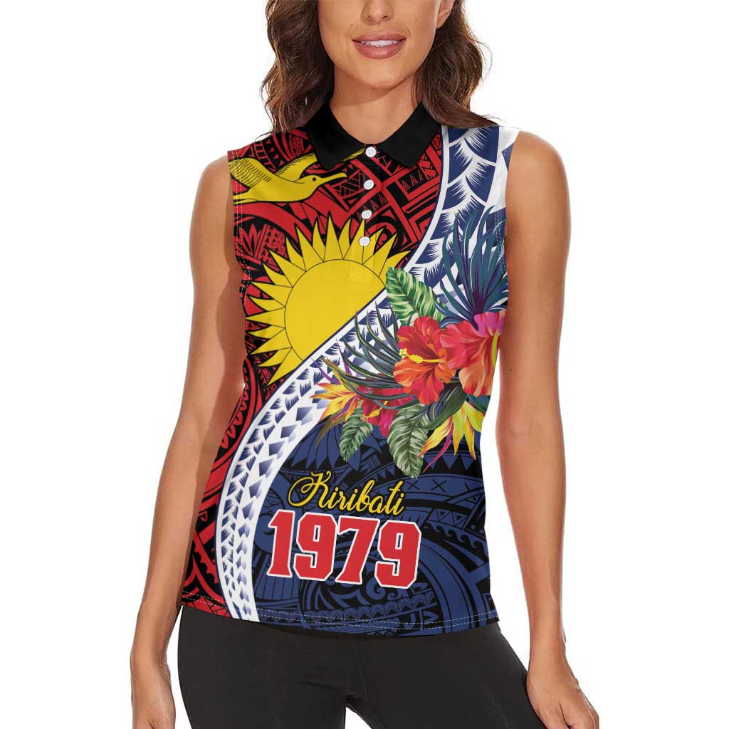 Flag of Kiribati Polynesian Pattern Women Sleeveless Polo Shirt Est 1979 With Tropical Flowers