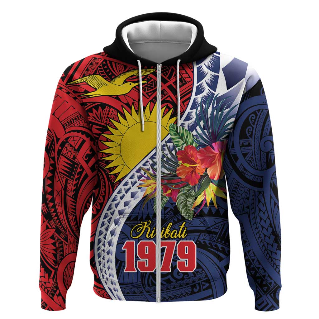Flag of Kiribati Polynesian Pattern Zip Hoodie Est 1979 With Tropical Flowers LT9 Zip Hoodie Red - Polynesian Pride