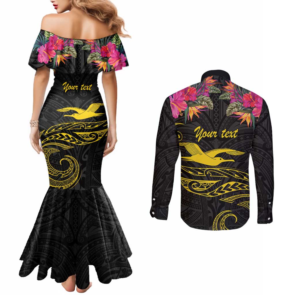 Kiribati Independence Day Personalised Couples Matching Mermaid Dress and Long Sleeve Button Shirt Gold Frigatebird with Polynesian Pattern