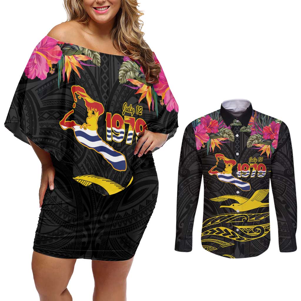 Kiribati Independence Day Personalised Couples Matching Off Shoulder Short Dress and Long Sleeve Button Shirt Gold Frigatebird with Polynesian Pattern LT9 Black - Polynesian Pride