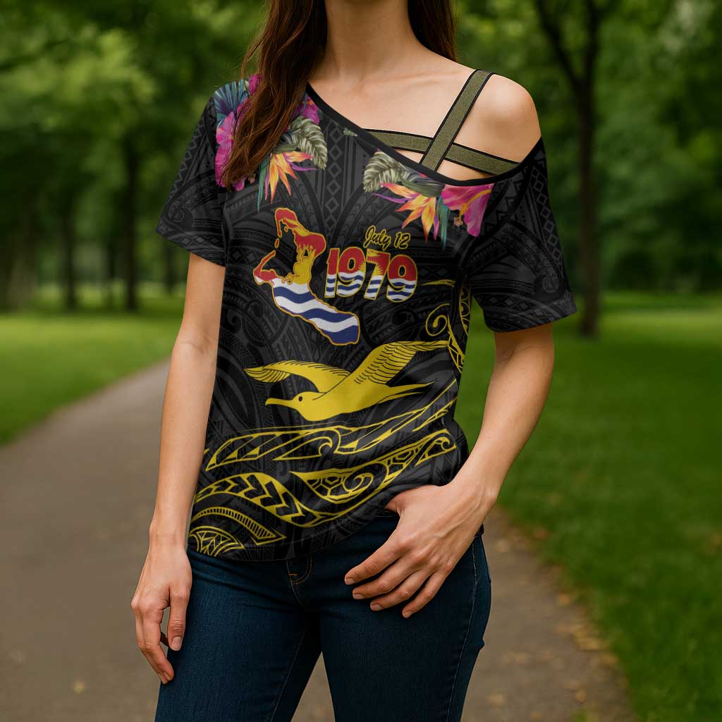 Kiribati Independence Day Personalised Cross Shoulder Shirt Gold Frigatebird with Polynesian Pattern - Polynesian Pride