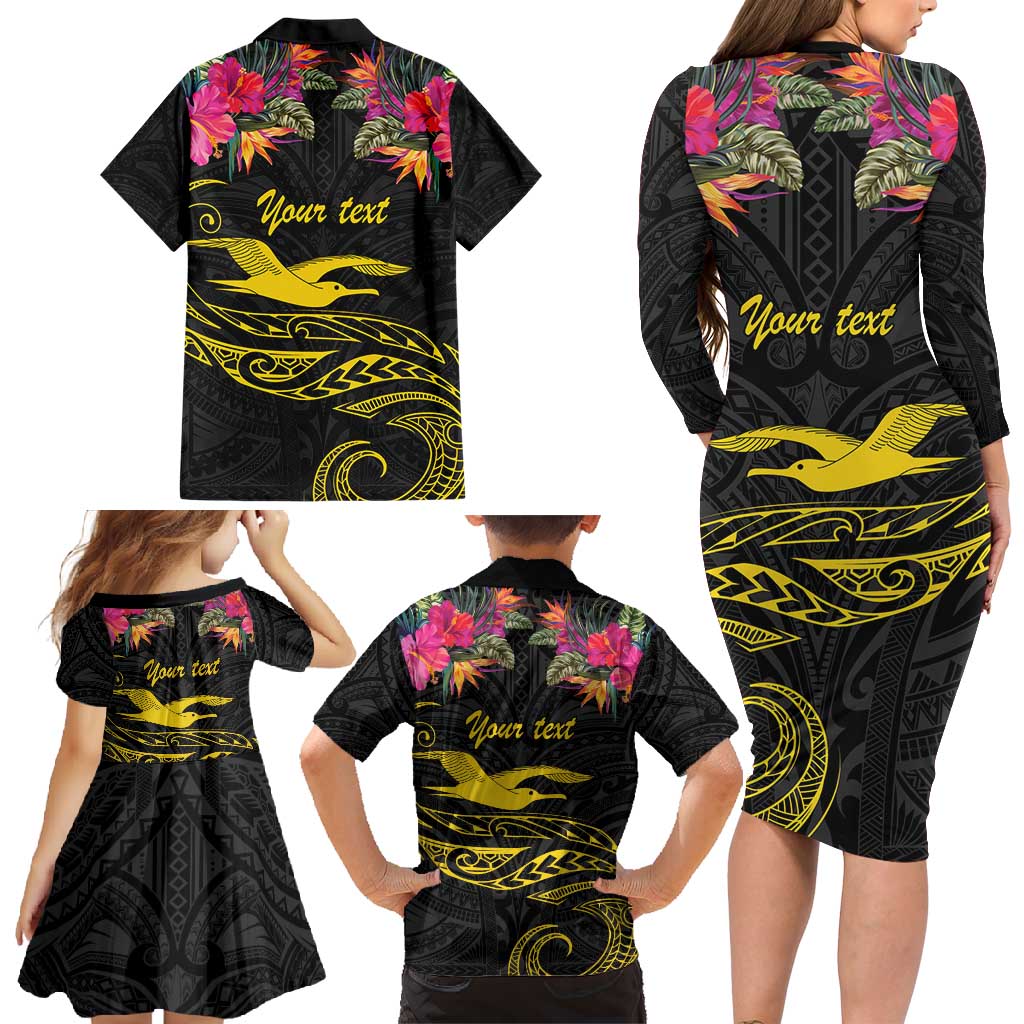 Kiribati Independence Day Personalised Family Matching Long Sleeve Bodycon Dress and Hawaiian Shirt Gold Frigatebird with Polynesian Pattern LT9 - Polynesian Pride