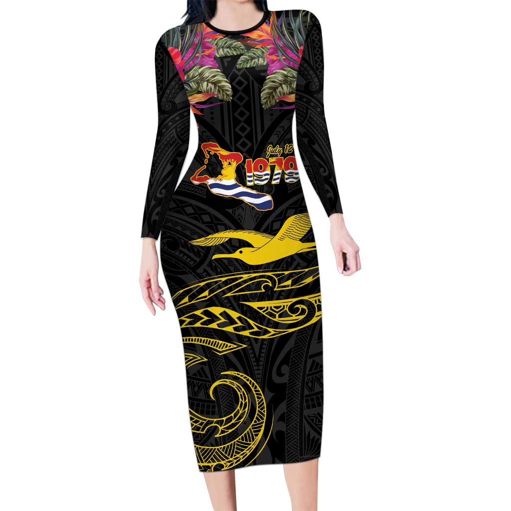 Kiribati Independence Day Personalised Family Matching Long Sleeve Bodycon Dress and Hawaiian Shirt Gold Frigatebird with Polynesian Pattern LT9 Mom's Dress Black - Polynesian Pride