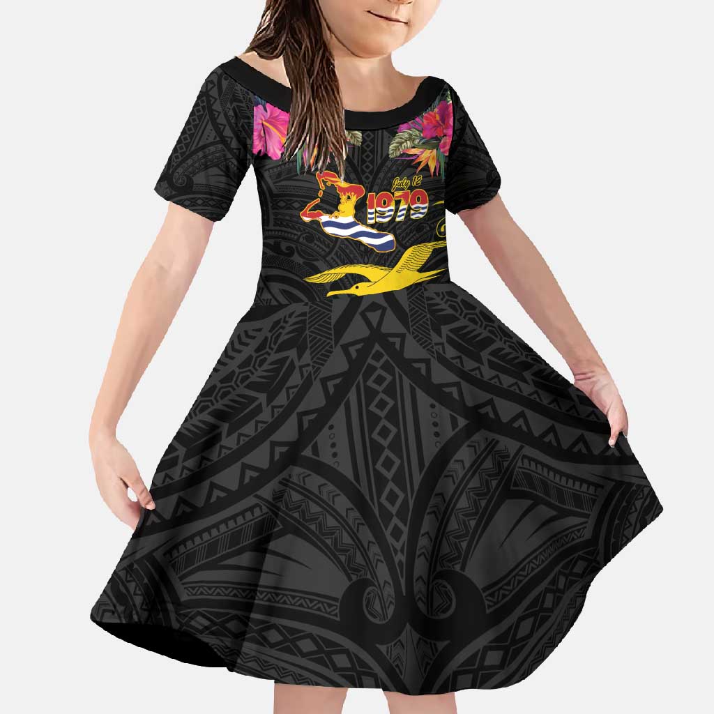 Kiribati Independence Day Personalised Family Matching Mermaid Dress and Hawaiian Shirt Gold Frigatebird with Polynesian Pattern LT9 Daughter's Dress Black - Polynesian Pride