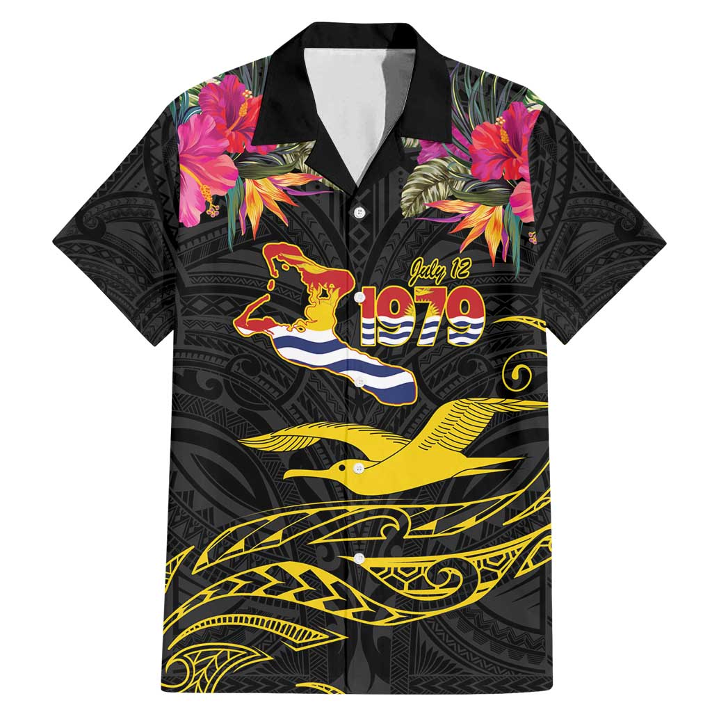 Kiribati Independence Day Personalised Family Matching Mermaid Dress and Hawaiian Shirt Gold Frigatebird with Polynesian Pattern LT9 Dad's Shirt - Short Sleeve Black - Polynesian Pride