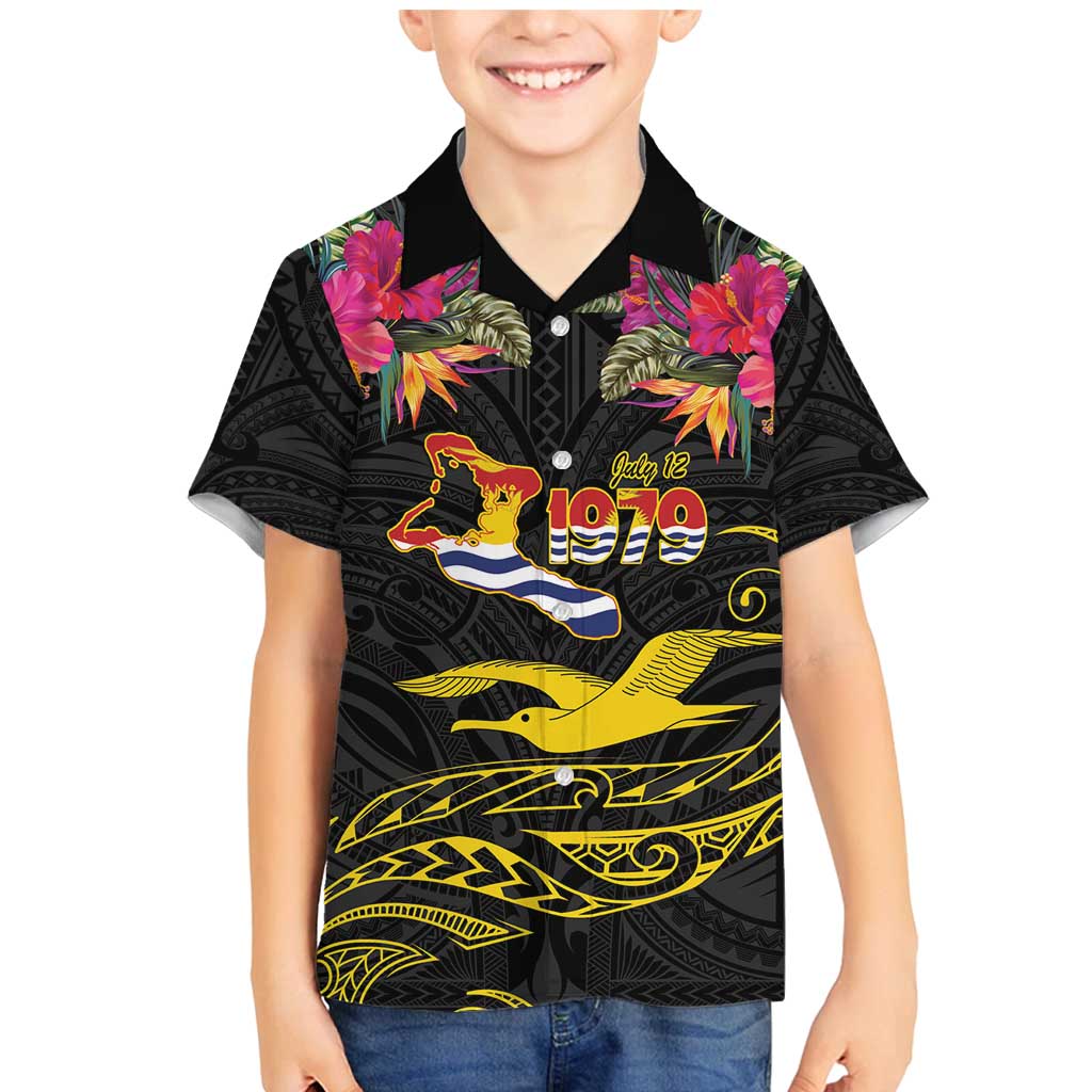 Kiribati Independence Day Personalised Family Matching Mermaid Dress and Hawaiian Shirt Gold Frigatebird with Polynesian Pattern LT9 Son's Shirt Black - Polynesian Pride