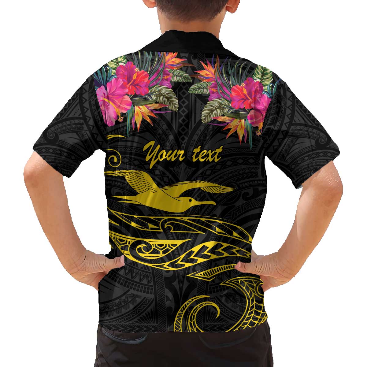 Kiribati Independence Day Personalised Family Matching Off The Shoulder Long Sleeve Dress and Hawaiian Shirt Gold Frigatebird with Polynesian Pattern LT9 - Polynesian Pride