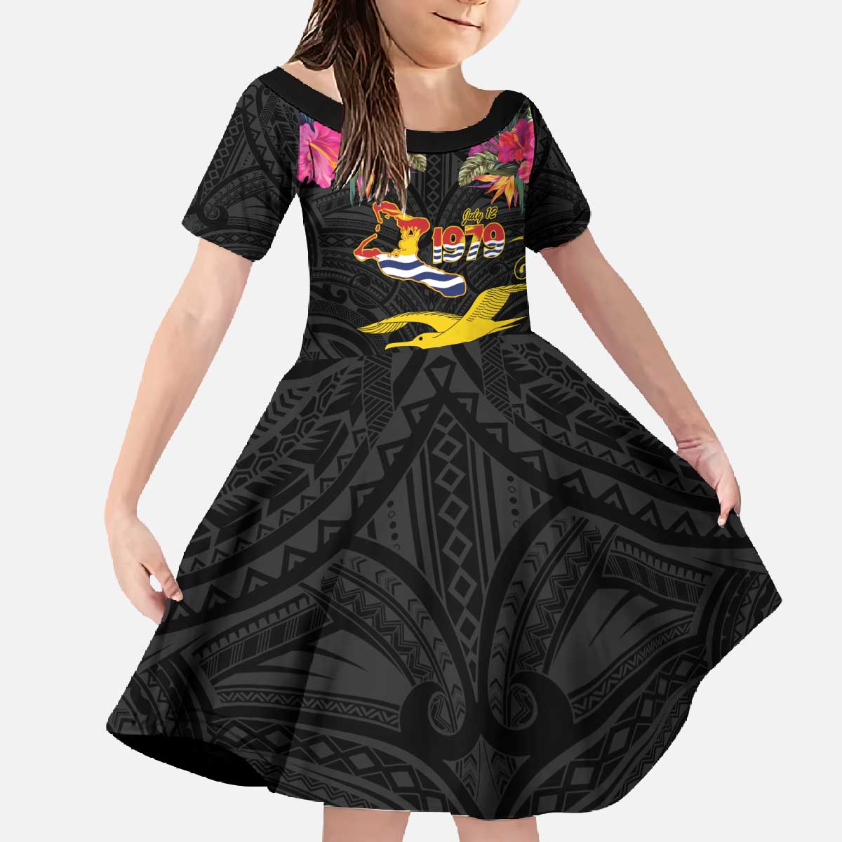 Kiribati Independence Day Personalised Family Matching Off The Shoulder Long Sleeve Dress and Hawaiian Shirt Gold Frigatebird with Polynesian Pattern LT9 Daughter's Dress Black - Polynesian Pride