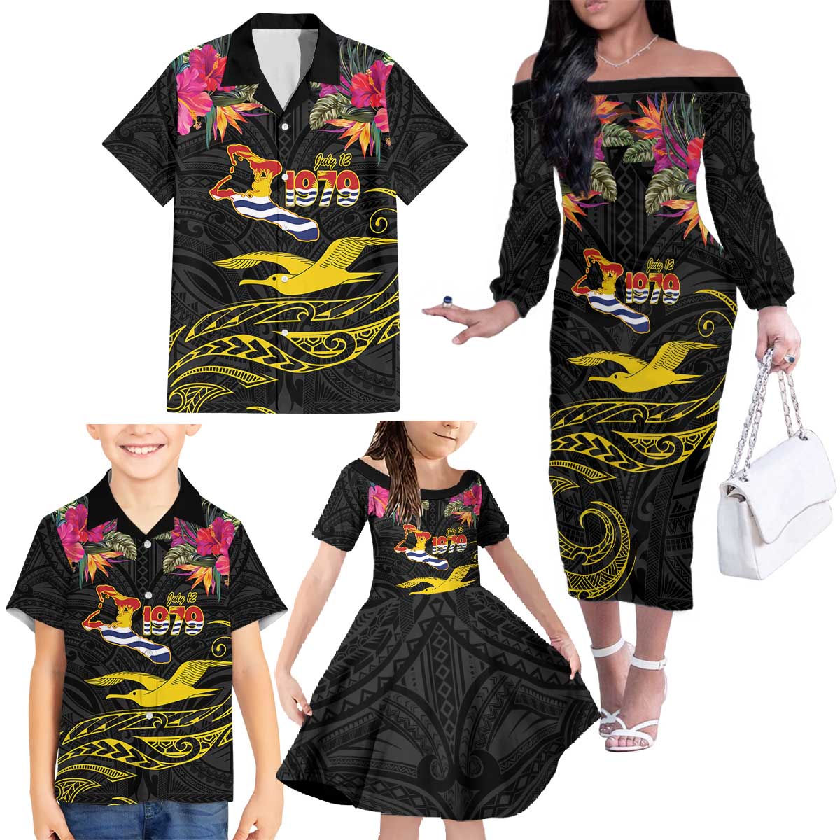 Kiribati Independence Day Personalised Family Matching Off The Shoulder Long Sleeve Dress and Hawaiian Shirt Gold Frigatebird with Polynesian Pattern LT9 - Polynesian Pride