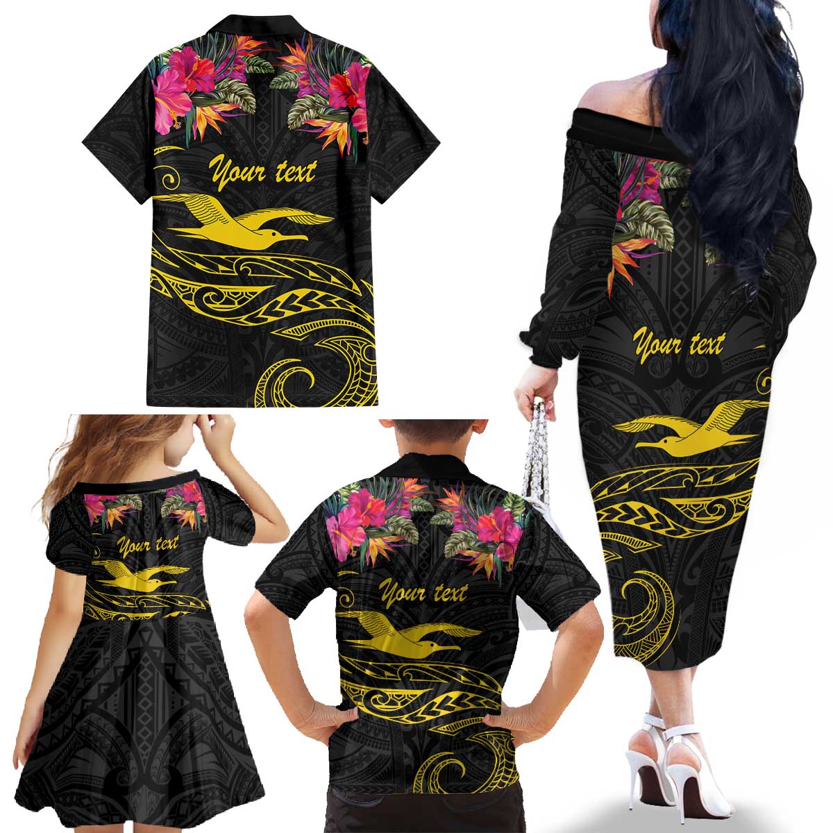 Kiribati Independence Day Personalised Family Matching Off The Shoulder Long Sleeve Dress and Hawaiian Shirt Gold Frigatebird with Polynesian Pattern LT9 - Polynesian Pride