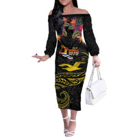 Kiribati Independence Day Personalised Family Matching Off The Shoulder Long Sleeve Dress and Hawaiian Shirt Gold Frigatebird with Polynesian Pattern LT9 Mom's Dress Black - Polynesian Pride