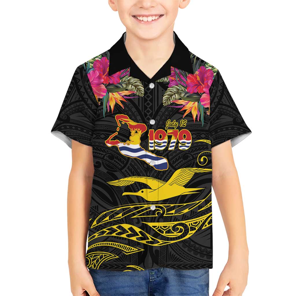 Kiribati Independence Day Personalised Family Matching Off Shoulder Maxi Dress and Hawaiian Shirt Gold Frigatebird with Polynesian Pattern