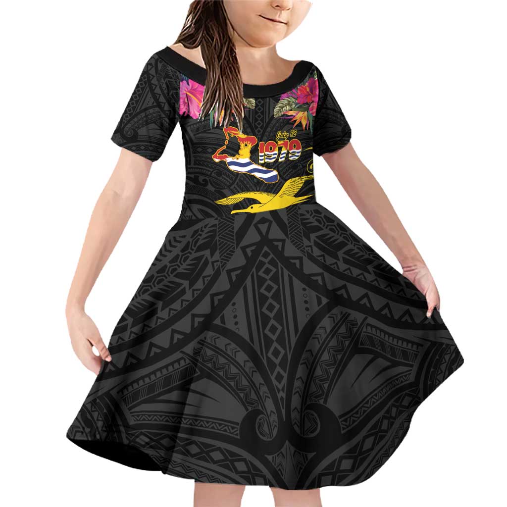 Kiribati Independence Day Personalised Family Matching Off Shoulder Short Dress and Hawaiian Shirt Gold Frigatebird with Polynesian Pattern