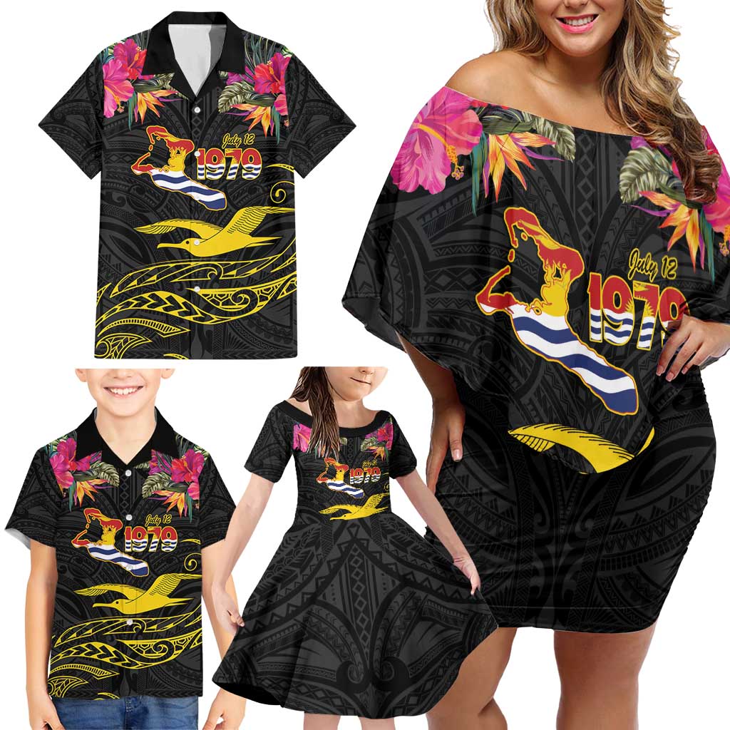Kiribati Independence Day Personalised Family Matching Off Shoulder Short Dress and Hawaiian Shirt Gold Frigatebird with Polynesian Pattern LT9 - Polynesian Pride