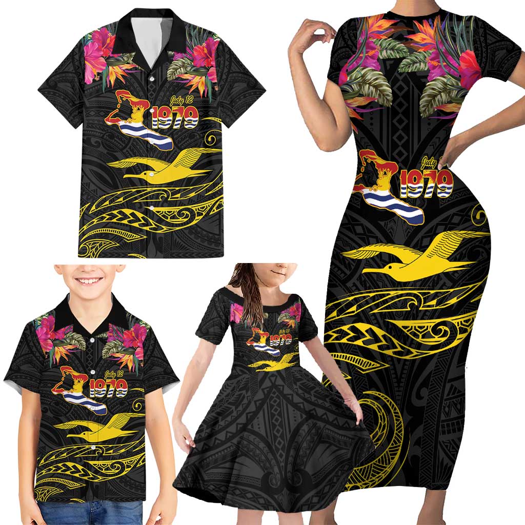 Kiribati Independence Day Personalised Family Matching Short Sleeve Bodycon Dress and Hawaiian Shirt Gold Frigatebird with Polynesian Pattern LT9 - Polynesian Pride
