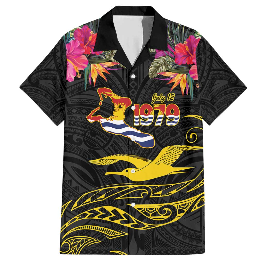 Kiribati Independence Day Personalised Family Matching Short Sleeve Bodycon Dress and Hawaiian Shirt Gold Frigatebird with Polynesian Pattern LT9 Dad's Shirt - Short Sleeve Black - Polynesian Pride