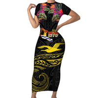Kiribati Independence Day Personalised Family Matching Short Sleeve Bodycon Dress and Hawaiian Shirt Gold Frigatebird with Polynesian Pattern LT9 Mom's Dress Black - Polynesian Pride