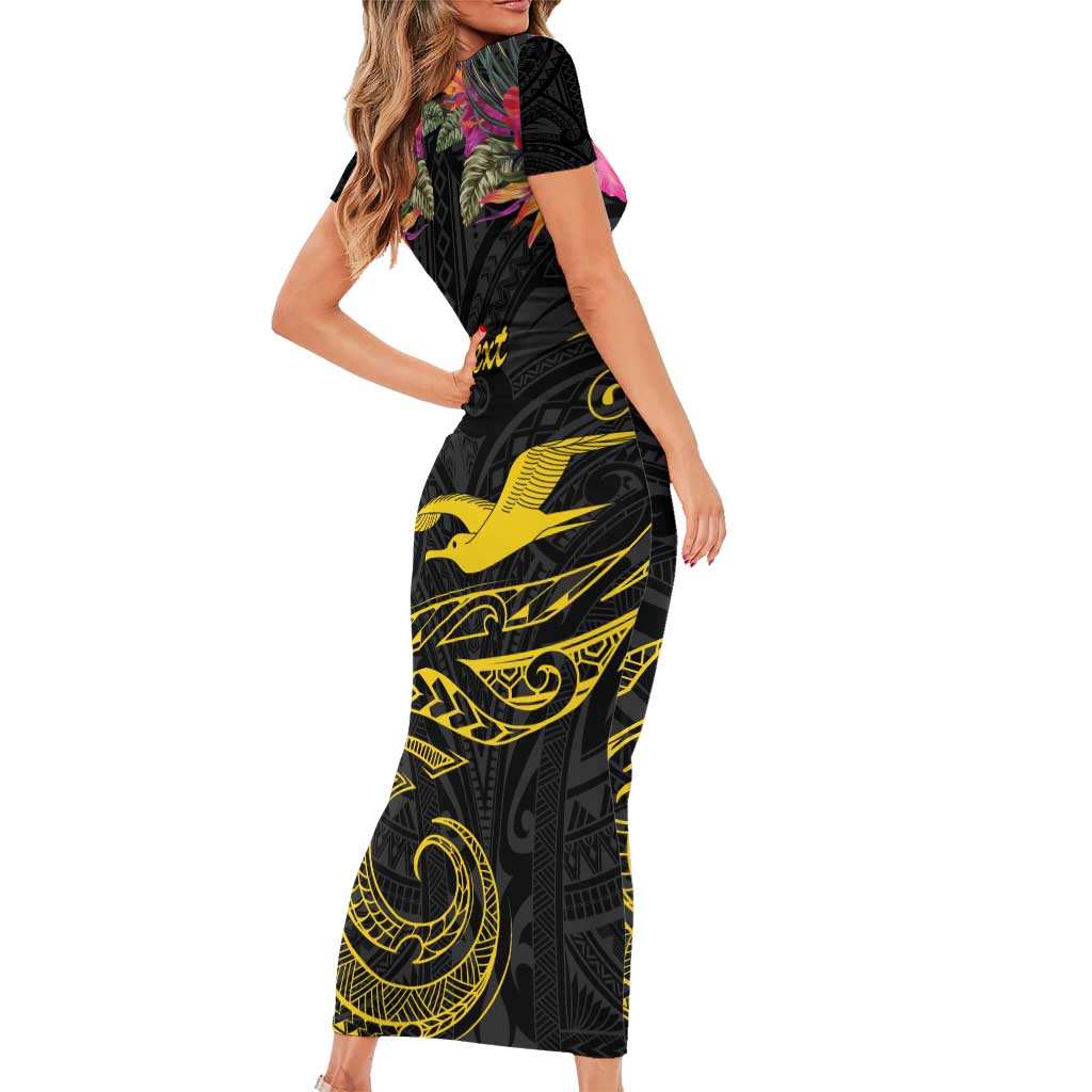 Kiribati Independence Day Personalised Family Matching Short Sleeve Bodycon Dress and Hawaiian Shirt Gold Frigatebird with Polynesian Pattern LT9 - Polynesian Pride