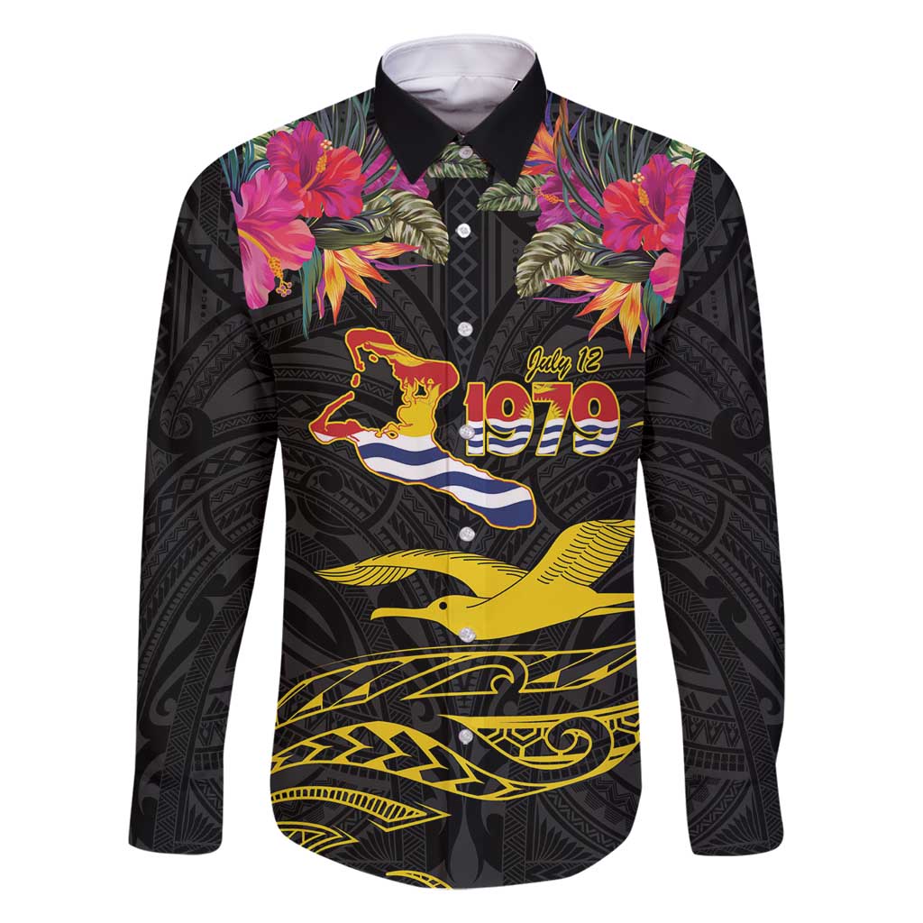 Kiribati Independence Day Personalised Family Matching Tank Maxi Dress and Hawaiian Shirt Gold Frigatebird with Polynesian Pattern LT9 Dad's Shirt - Long Sleeve Black - Polynesian Pride