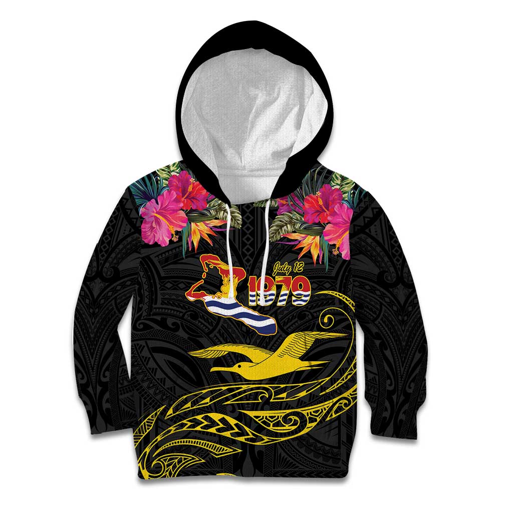 Kiribati Independence Day Personalised Kid Hoodie Gold Frigatebird with Polynesian Pattern LT9 Hoodie Black - Polynesian Pride