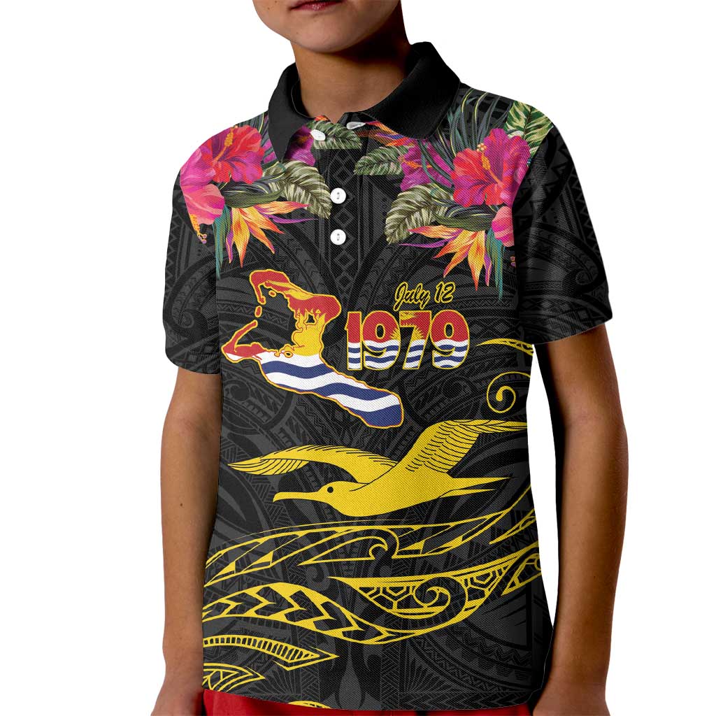 Kiribati Independence Day Personalised Kid Polo Shirt Gold Frigatebird with Polynesian Pattern