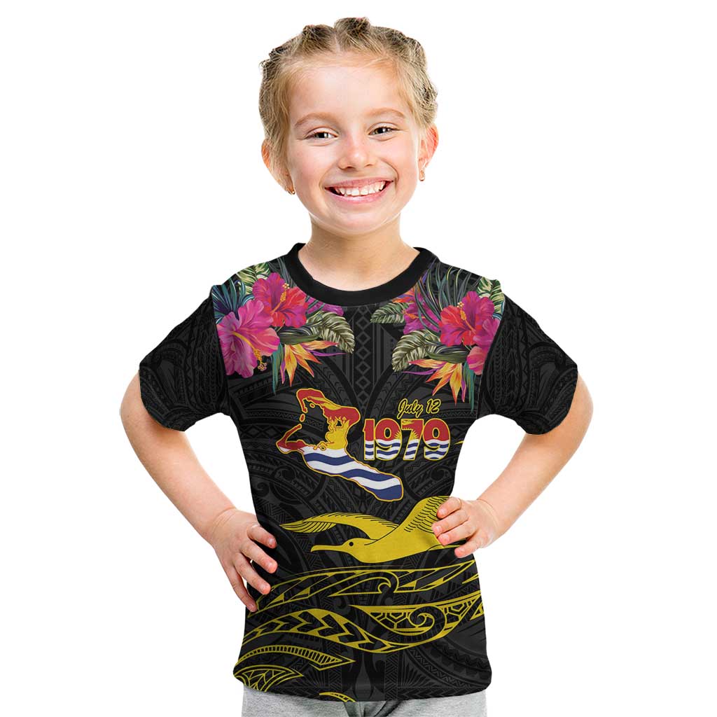 Kiribati Independence Day Personalised Kid T Shirt Gold Frigatebird with Polynesian Pattern