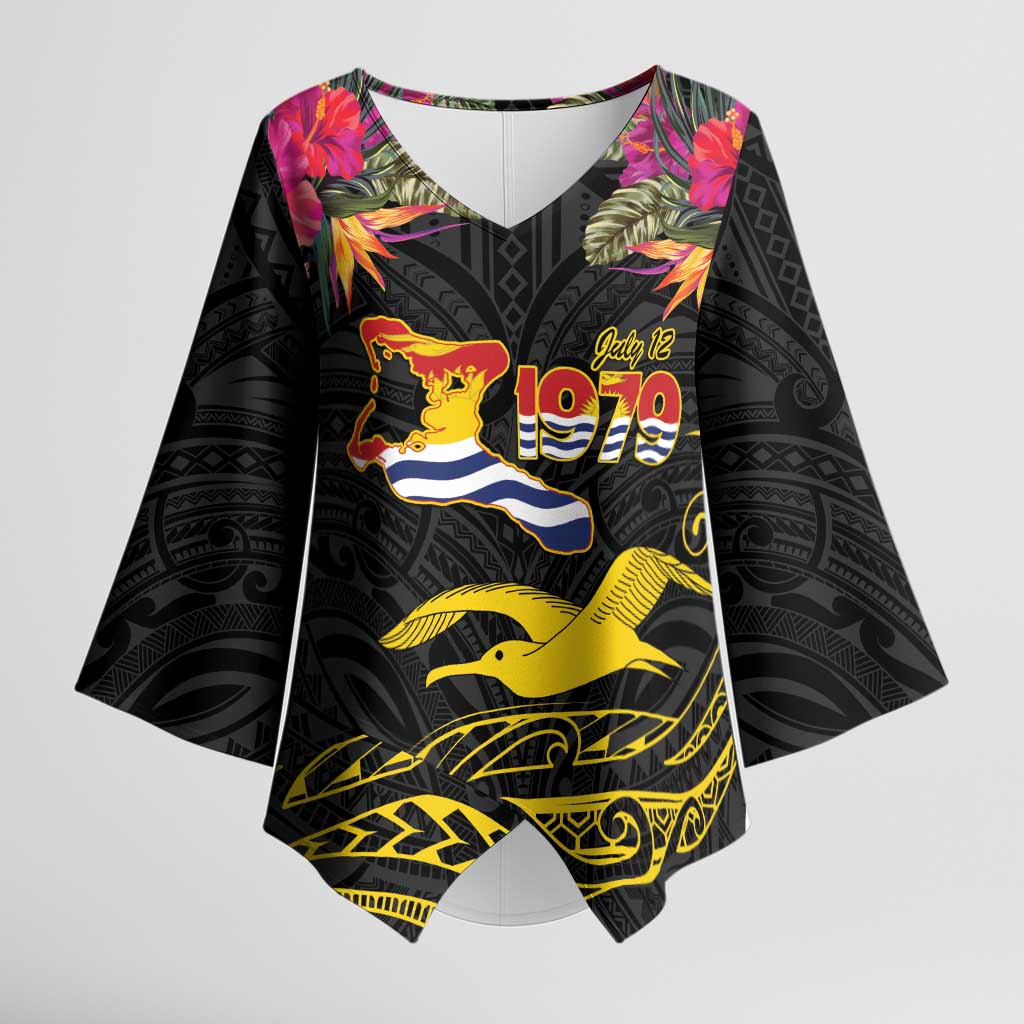 Kiribati Independence Day Personalised Kimono Sleeve Blouse Gold Frigatebird with Polynesian Pattern LT9 Female Black - Polynesian Pride