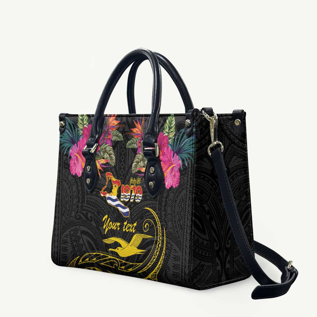 Kiribati Independence Day Personalised Leather Bag Gold Frigatebird with Polynesian Pattern LT9 Black - Polynesian Pride