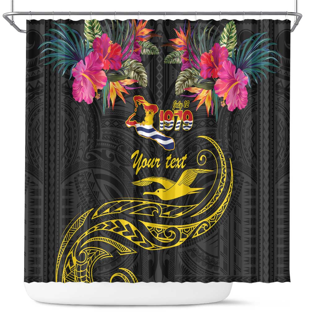 Kiribati Independence Day Personalised Shower Curtain Gold Frigatebird with Polynesian Pattern LT9 Black - Polynesian Pride