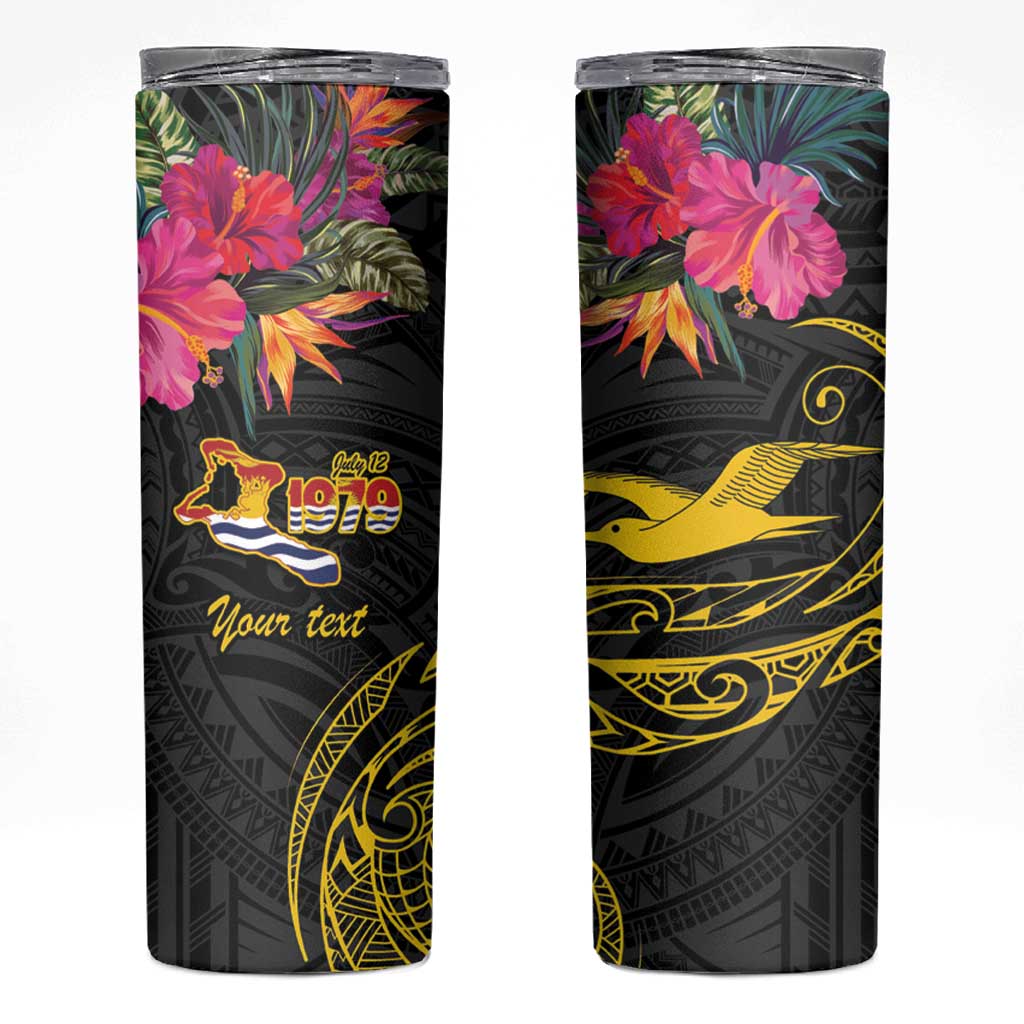 Kiribati Independence Day Personalised Skinny Tumbler Gold Frigatebird with Polynesian Pattern LT9 Black - Polynesian Pride