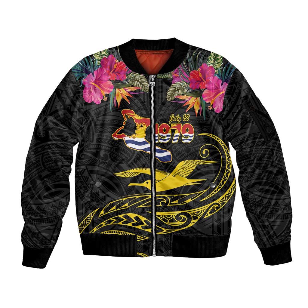 Kiribati Independence Day Personalised Sleeve Zip Bomber Jacket Gold Frigatebird with Polynesian Pattern LT9 Unisex Black - Polynesian Pride