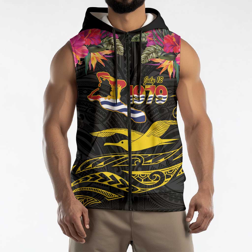 Kiribati Independence Day Personalised Sleeveless Zip Hoodie Gold Frigatebird with Polynesian Pattern LT9 - Polynesian Pride