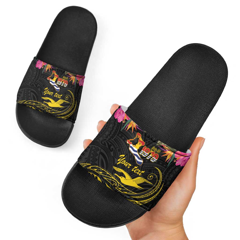 Kiribati Independence Day Personalised Slide Sandals Gold Frigatebird with Polynesian Pattern - Polynesian Pride