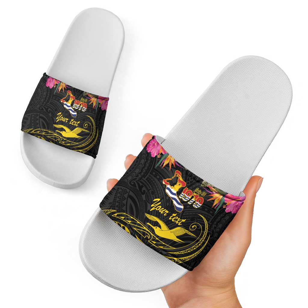 Kiribati Independence Day Personalised Slide Sandals Gold Frigatebird with Polynesian Pattern - Polynesian Pride