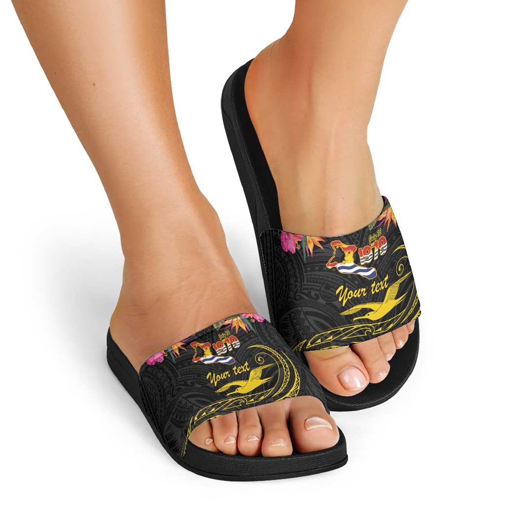 Kiribati Independence Day Personalised Slide Sandals Gold Frigatebird with Polynesian Pattern - Polynesian Pride