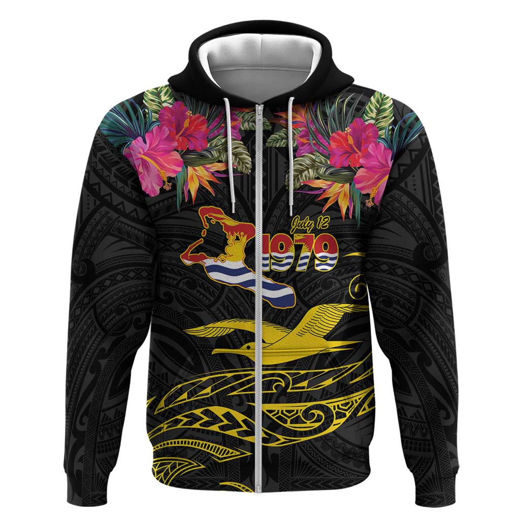 Kiribati Independence Day Personalised Zip Hoodie Gold Frigatebird with Polynesian Pattern LT9 Zip Hoodie Black - Polynesian Pride