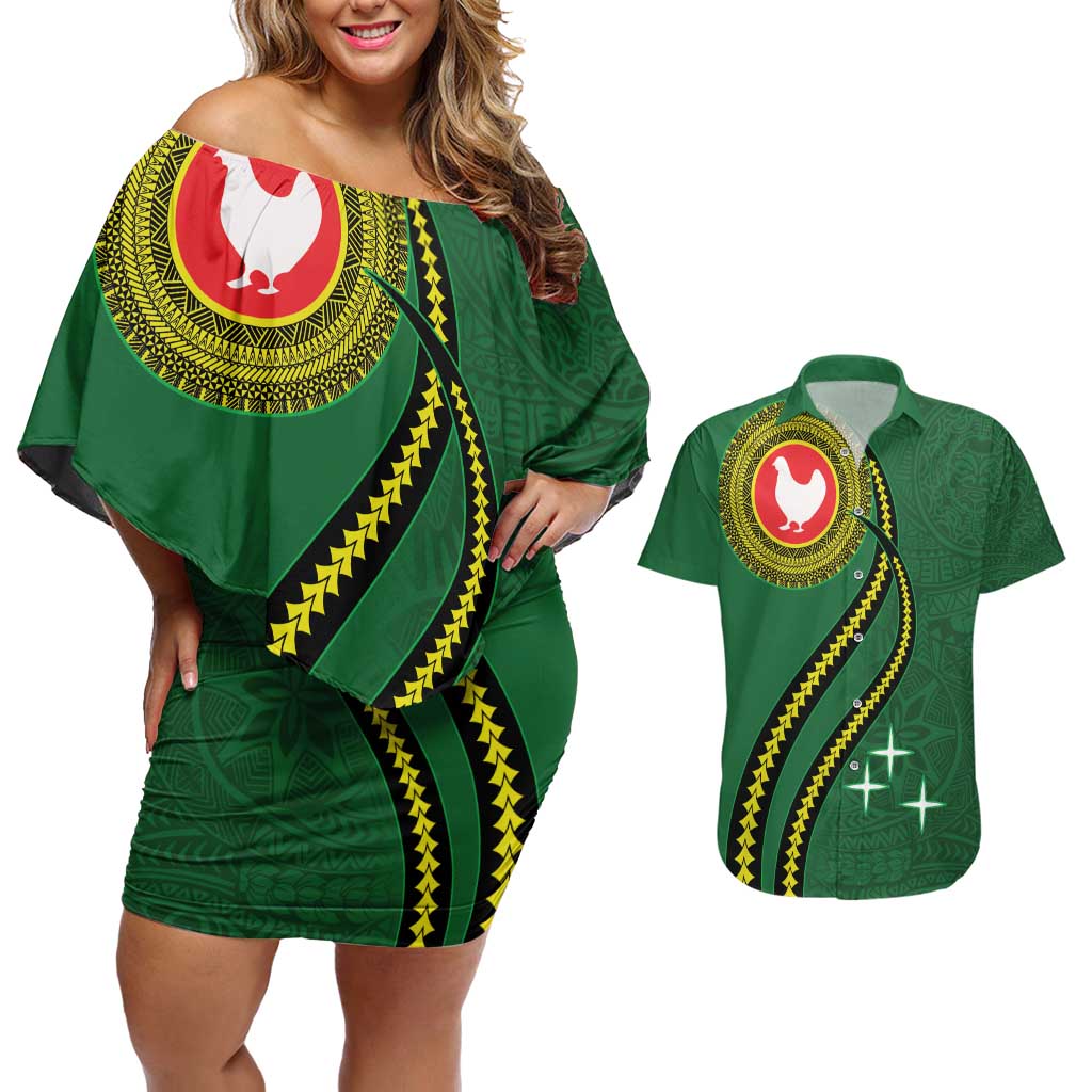 Manua Islands Polynesian Style Couples Matching Off Shoulder Short Dress and Hawaiian Shirt