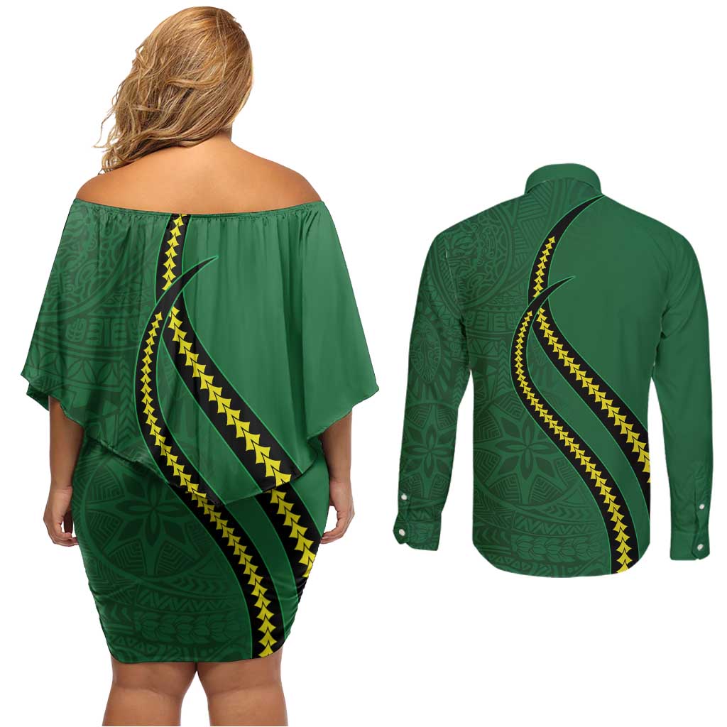 Manua Islands Polynesian Style Couples Matching Off Shoulder Short Dress and Long Sleeve Button Shirt