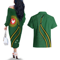 Manua Islands Polynesian Style Couples Matching Off The Shoulder Long Sleeve Dress and Hawaiian Shirt