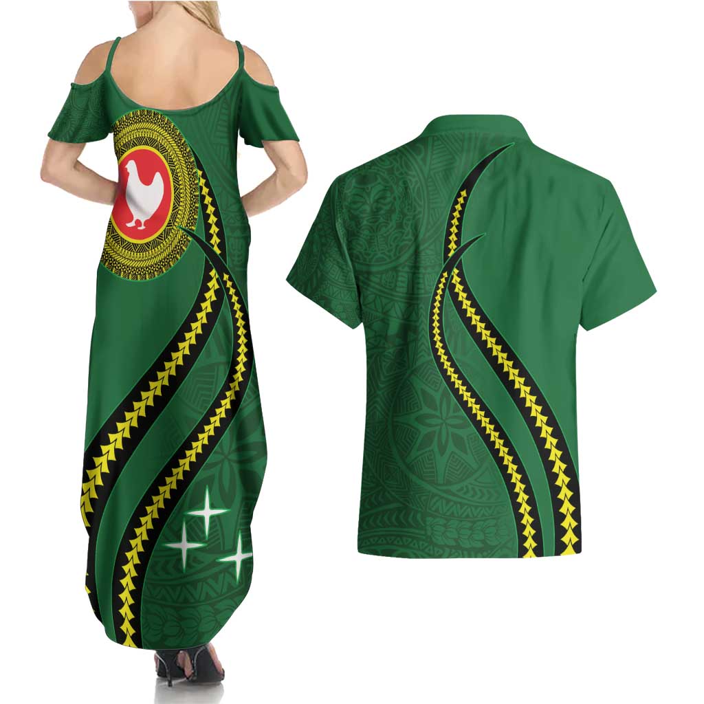 Manua Islands Polynesian Style Couples Matching Summer Maxi Dress and Hawaiian Shirt