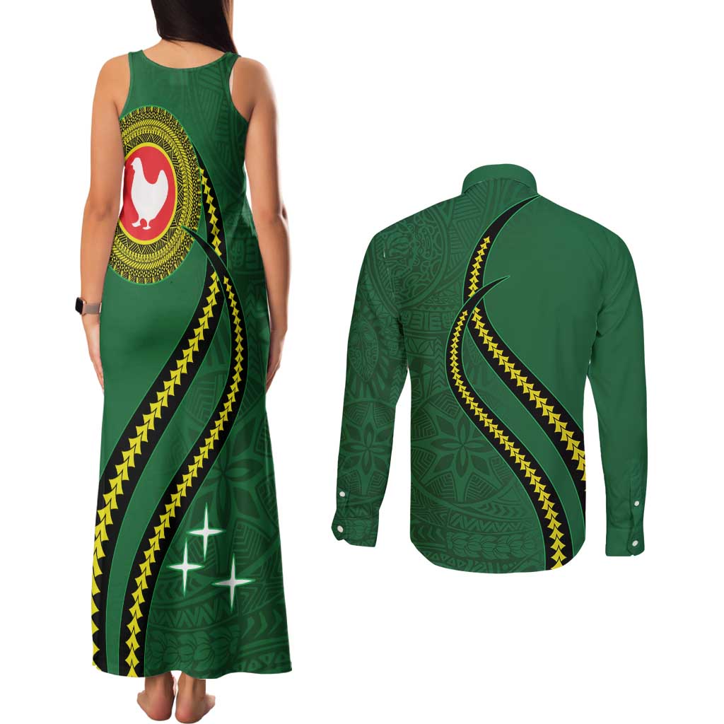 Manua Islands Polynesian Style Couples Matching Tank Maxi Dress and Long Sleeve Button Shirt