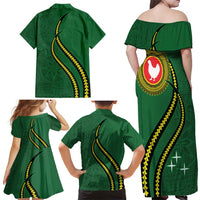 Manua Islands Polynesian Style Family Matching Off Shoulder Maxi Dress and Hawaiian Shirt