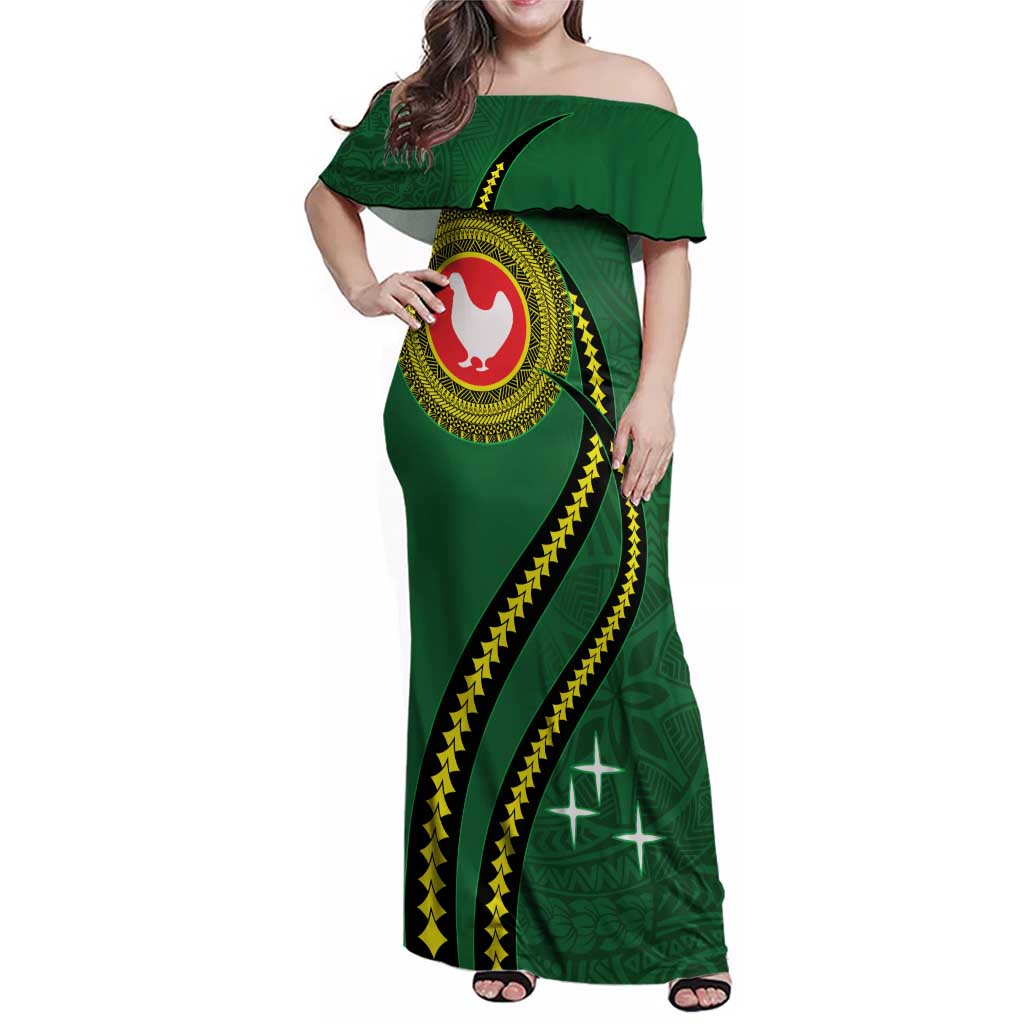 Manua Islands Polynesian Style Family Matching Off Shoulder Maxi Dress and Hawaiian Shirt