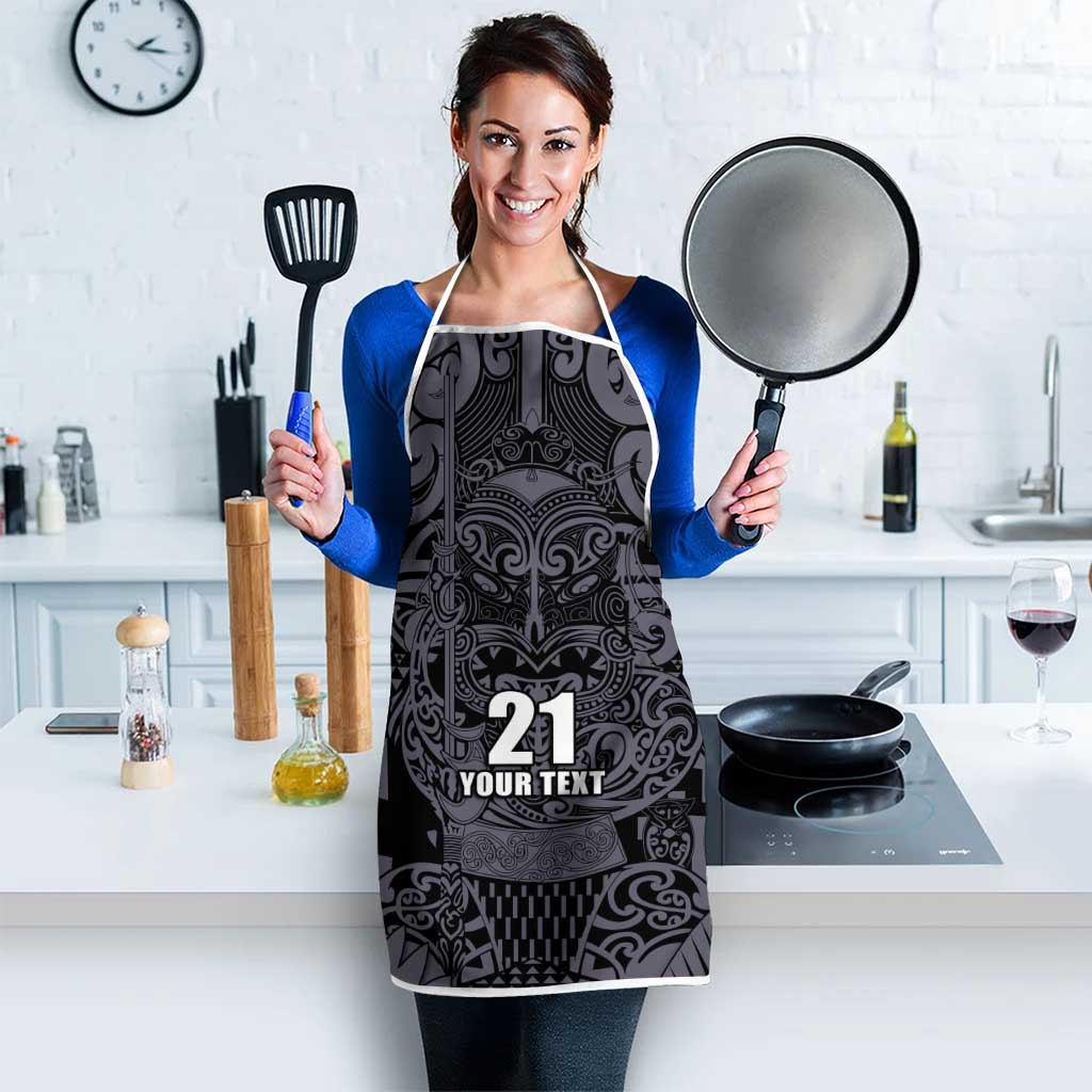 Custom New Zealand Taiaha Maori Apron Minimalist Silver Fern All Black - Polynesian Pride