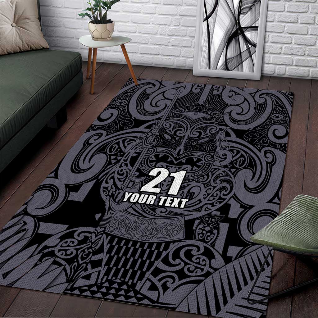 Custom New Zealand Taiaha Maori Area Rug Minimalist Silver Fern All Black - Polynesian Pride