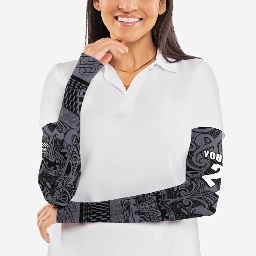 Custom New Zealand Taiaha Maori Arm Sleeves Minimalist Silver Fern All Black - Polynesian Pride