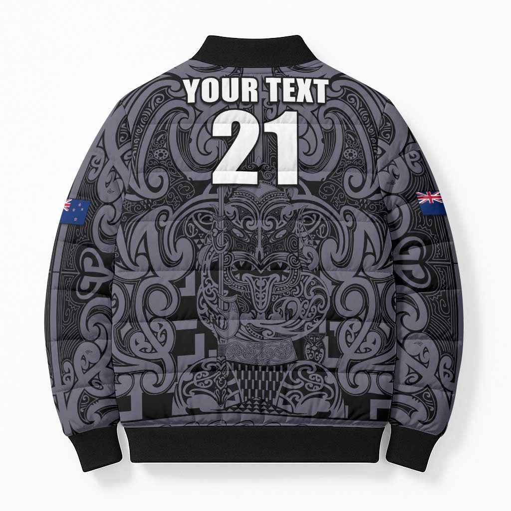 Custom New Zealand Taiaha Maori Bomber Puffer Jacket Minimalist Silver Fern All Black - Polynesian Pride