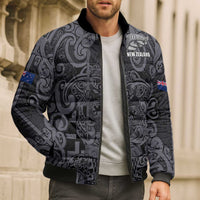 Custom New Zealand Taiaha Maori Bomber Puffer Jacket Minimalist Silver Fern All Black - Polynesian Pride