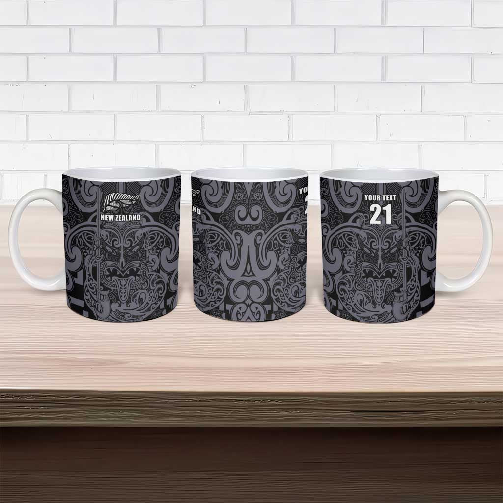 Custom New Zealand Taiaha Maori Ceramic Mug Minimalist Silver Fern All Black - Polynesian Pride