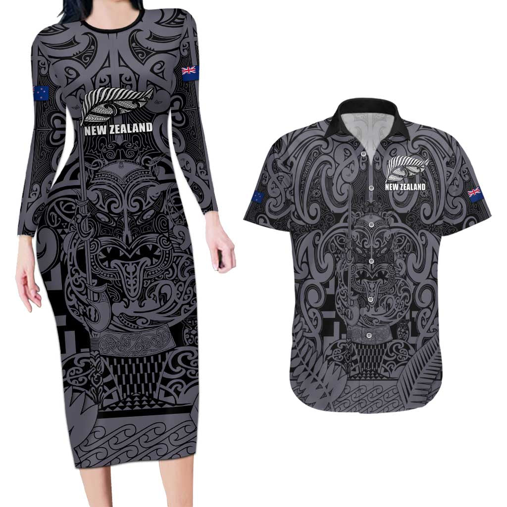 Custom New Zealand Taiaha Maori Couples Matching Long Sleeve Bodycon Dress and Hawaiian Shirt Minimalist Silver Fern All Black - Polynesian Pride